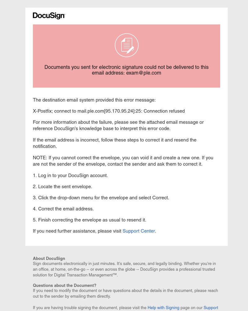 Docusign - Documents sent for signature could not be delivered