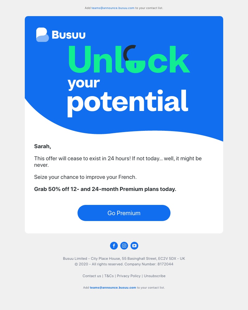 Busuu - Don’t delay – 50% off ends tonight ⏰ It’s decision time, Sarah