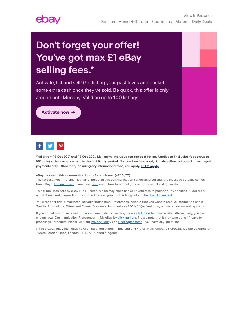 eBay - Don’t forget your offer! Max £1 eBay selling fees. ⏰🤑