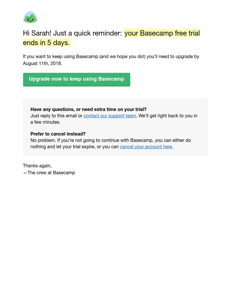 Basecamp - Don’t let your Basecamp trial expire (UI Feed)