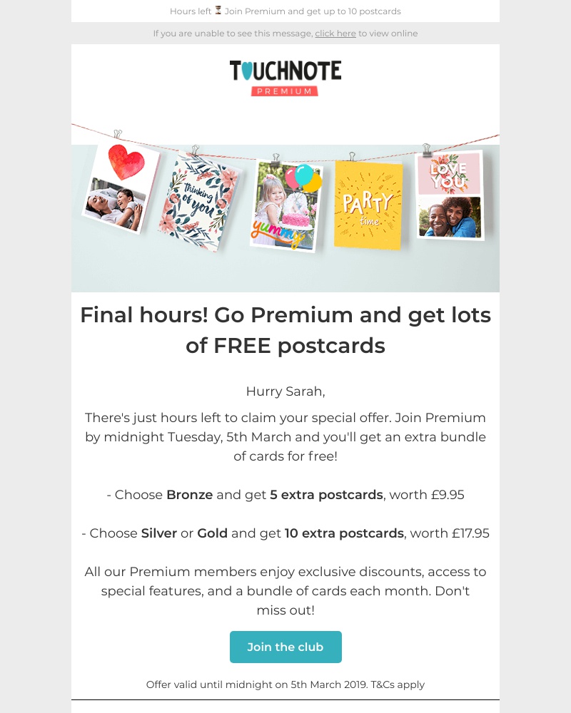 TouchNote - Don't miss out! 😱 Hours left to get up to 10 FREE postcards