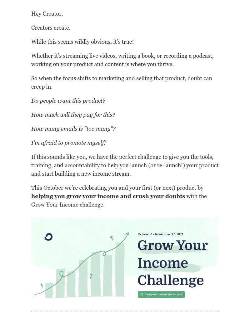 ConvertKit - Doors now open for the Grow Your Income Challenge!
