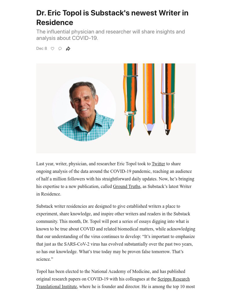 Substack - Dr. Eric Topol is Substack's newest Writer in Residence
