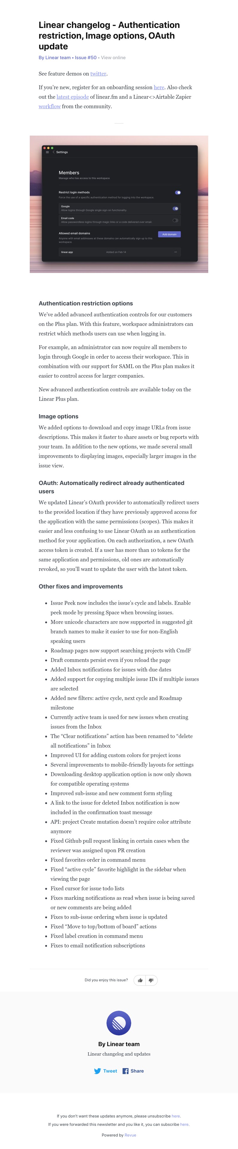 Linear - Linear changelog - Authentication restriction, Image options, OAuth update