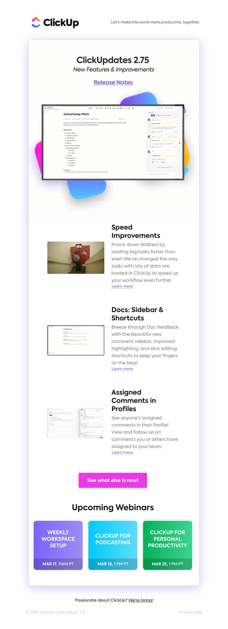 ClickUp - Speed Improvements, Docs: Sidebar & Shortcuts, Assigned Comments in Profiles ➕more!