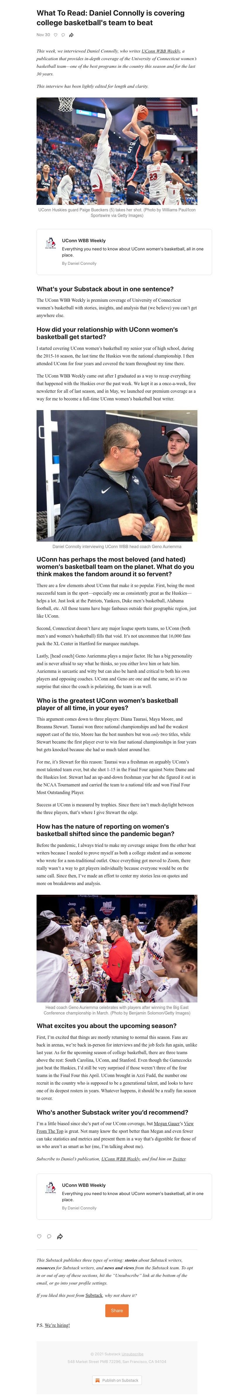 Substack - What To Read: Daniel Connolly is covering college basketball's team to beat