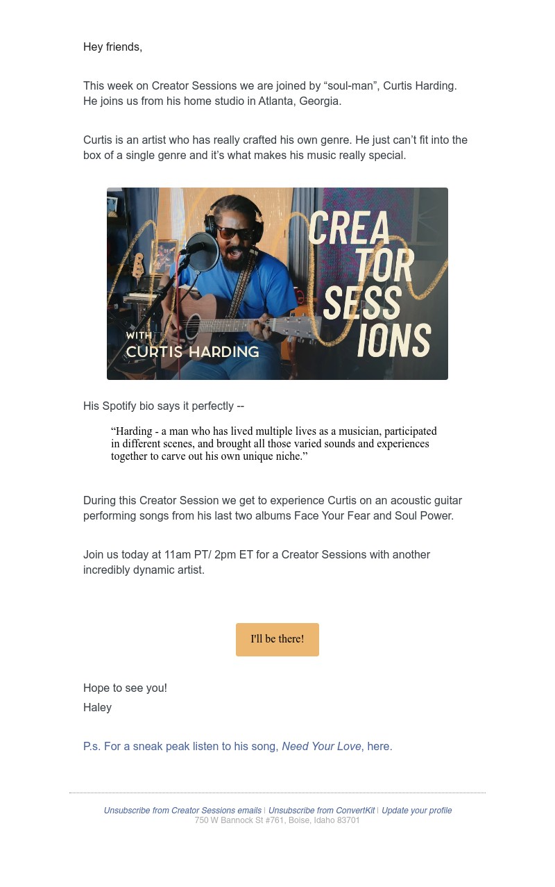 ConvertKit - TODAY : 🎤 🎤  Curtis Harding, a genuine "soul-man", performs on Creator Sessions.