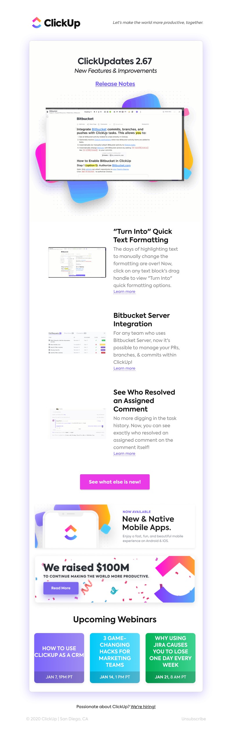 ClickUp - "Turn Into" Quick Text Formatting, Bitbucket Server Integration,  See Who Resolved an Assigned Comment ➕ more!