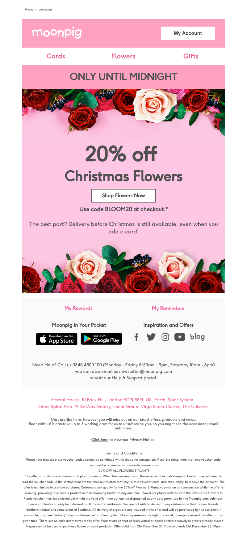 Moonpig - 20% off Christmas flowers - TODAY only!