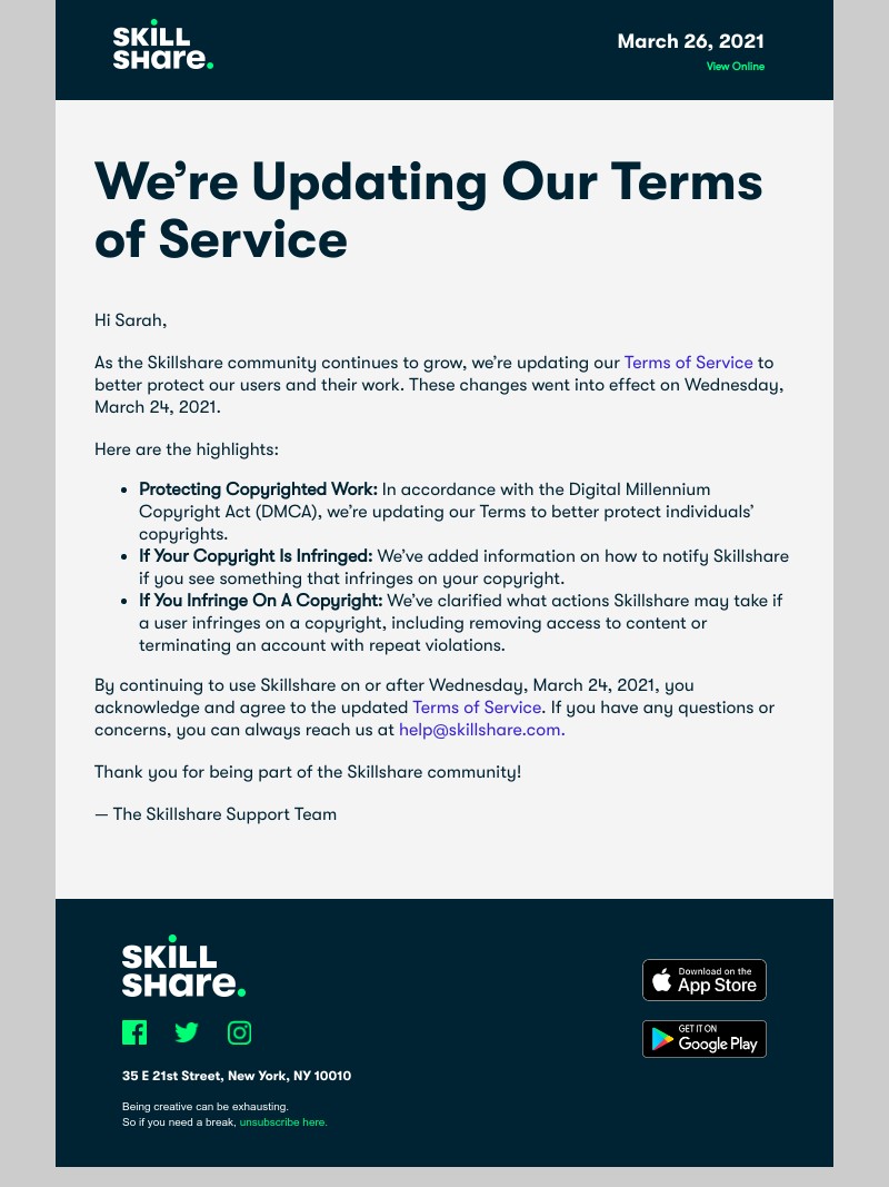 Skillshare - We’re Updating Our Terms of Service