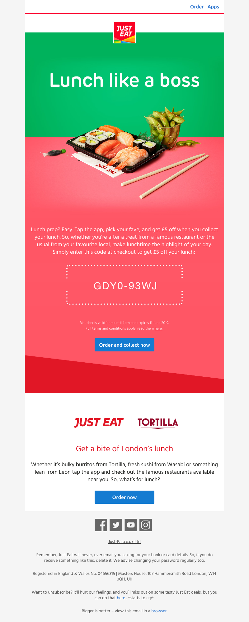 Just Eat - £5 off your next lunch order