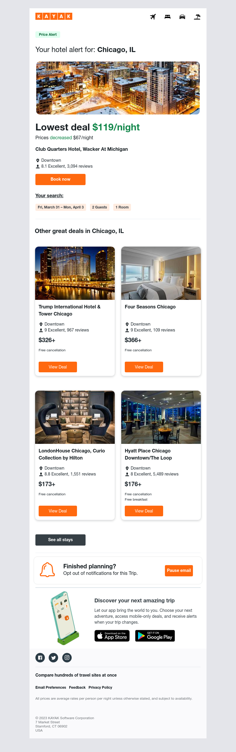 Kayak - Jackpot: Hotel prices dropped $67 in Chicago, IL!