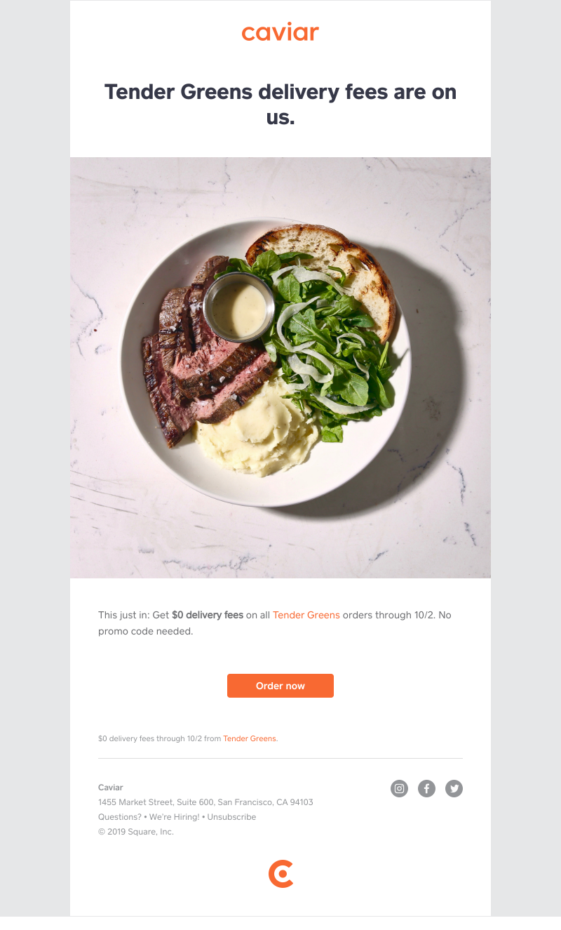  - Tender Greens delivery fees are on us