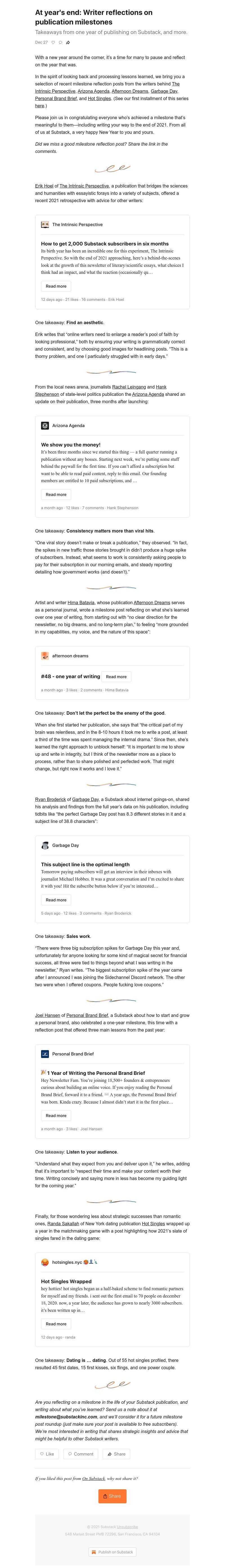 Substack - At year's end: Writer reflections on publication milestones