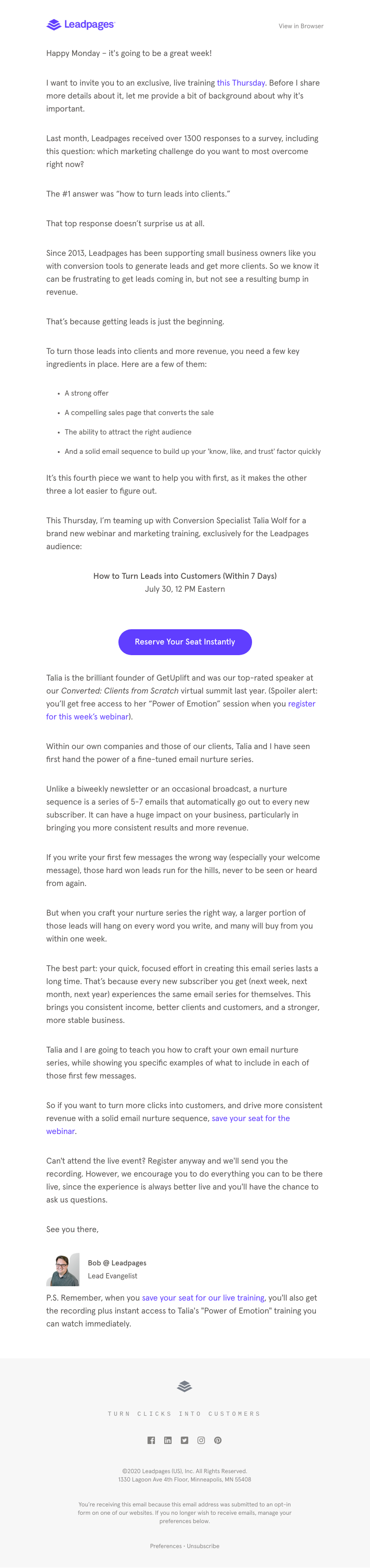 Leadpages - How to turn your leads into customers (webinar this Thursday)