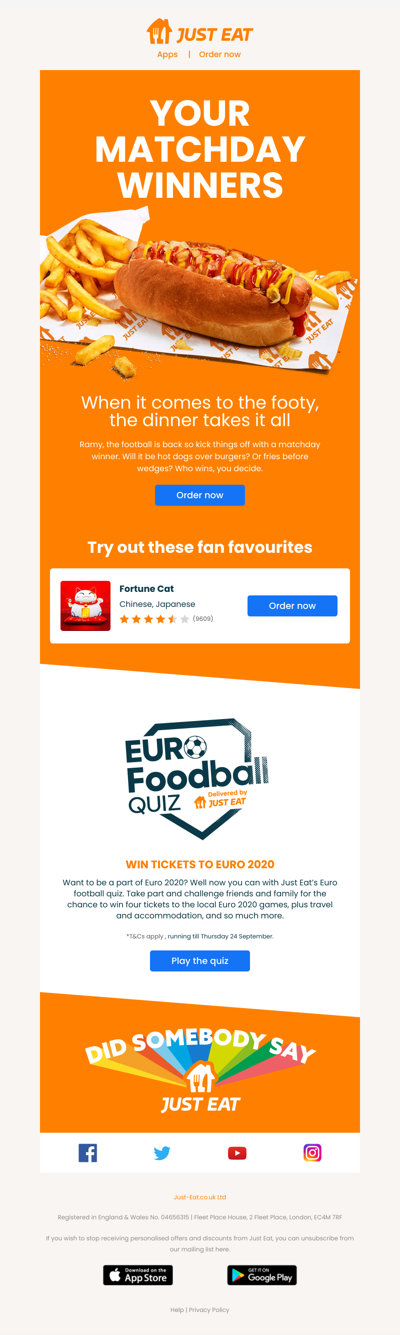 Email sent from Just Eat to a Customer