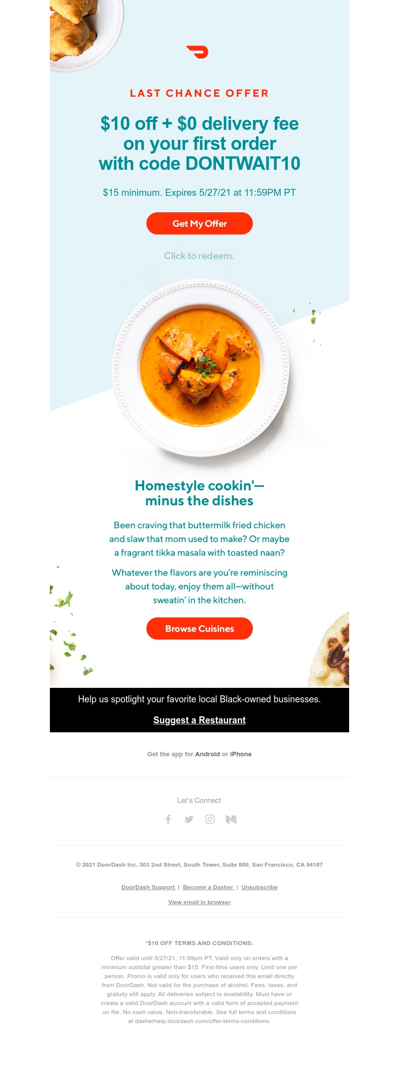  - $10 off + $0 delivery fee ends tonight