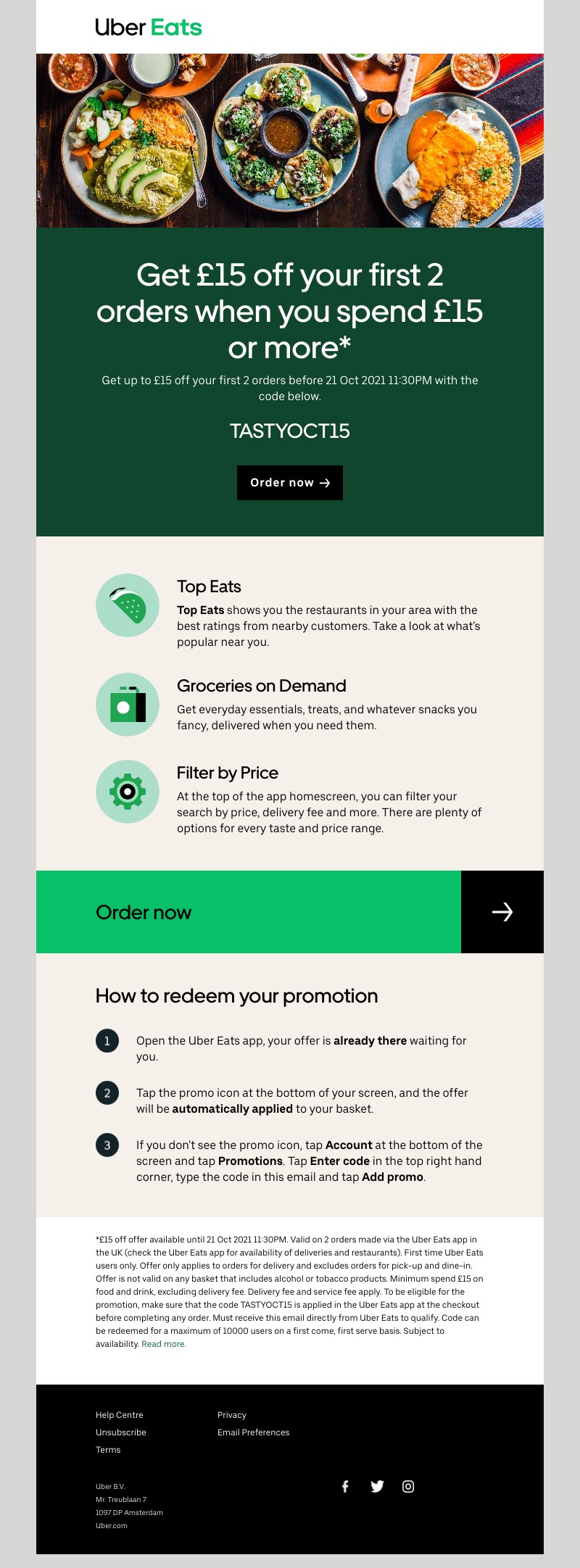 Uber Eats - Get  £15 off  your first 2 orders