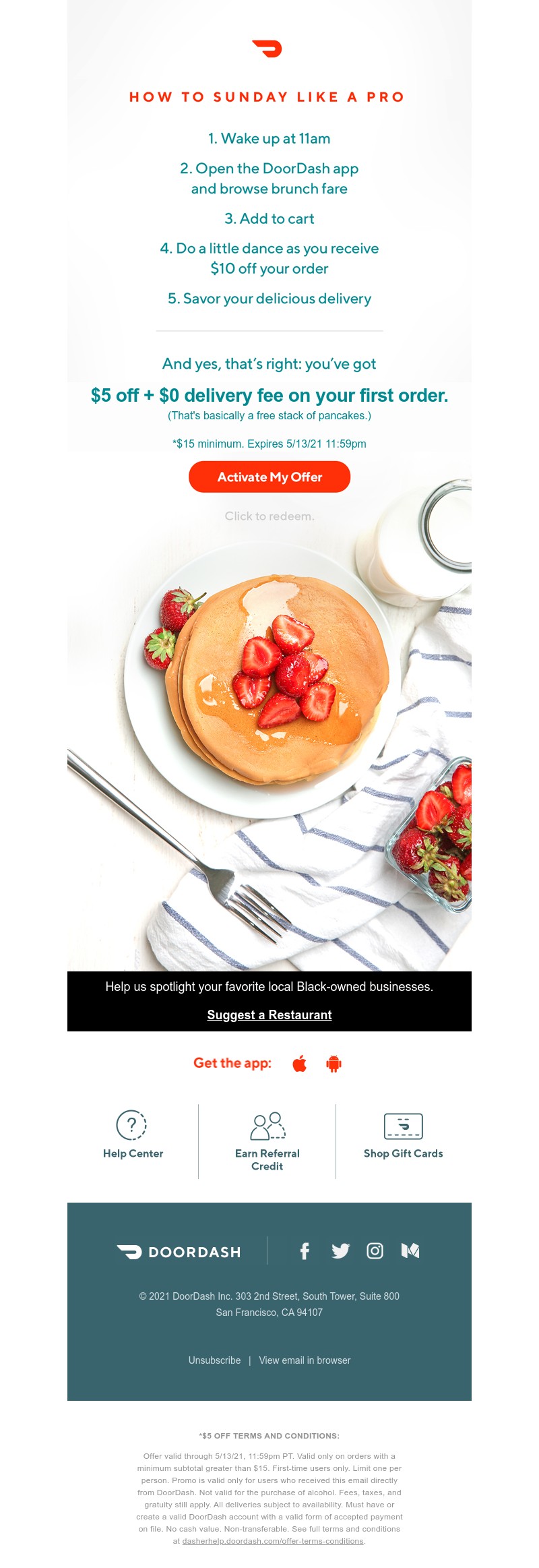  - $5 off + $0 delivery fee on local eats