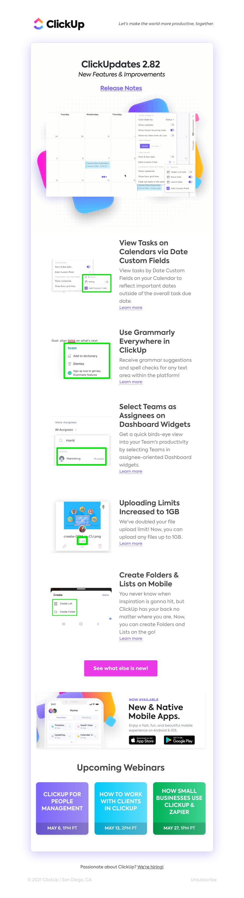 ClickUp - View Tasks on Calendars via Date Custom Fields, Use Grammarly Everywhere in ClickUp, ➕ more!