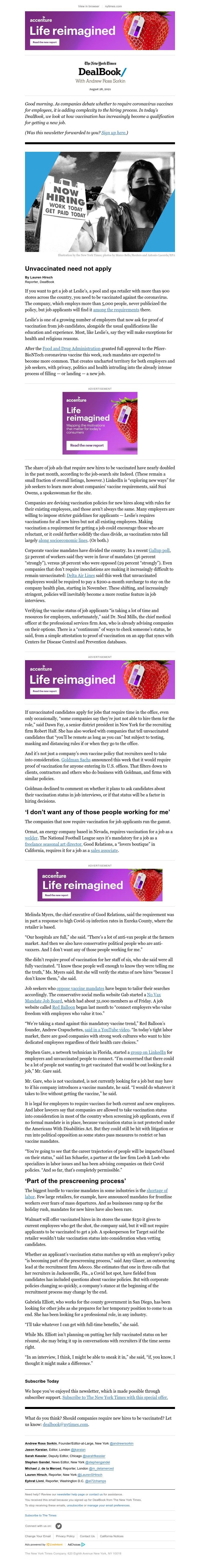 The New York Times - DealBook: Unvaccinated need not apply