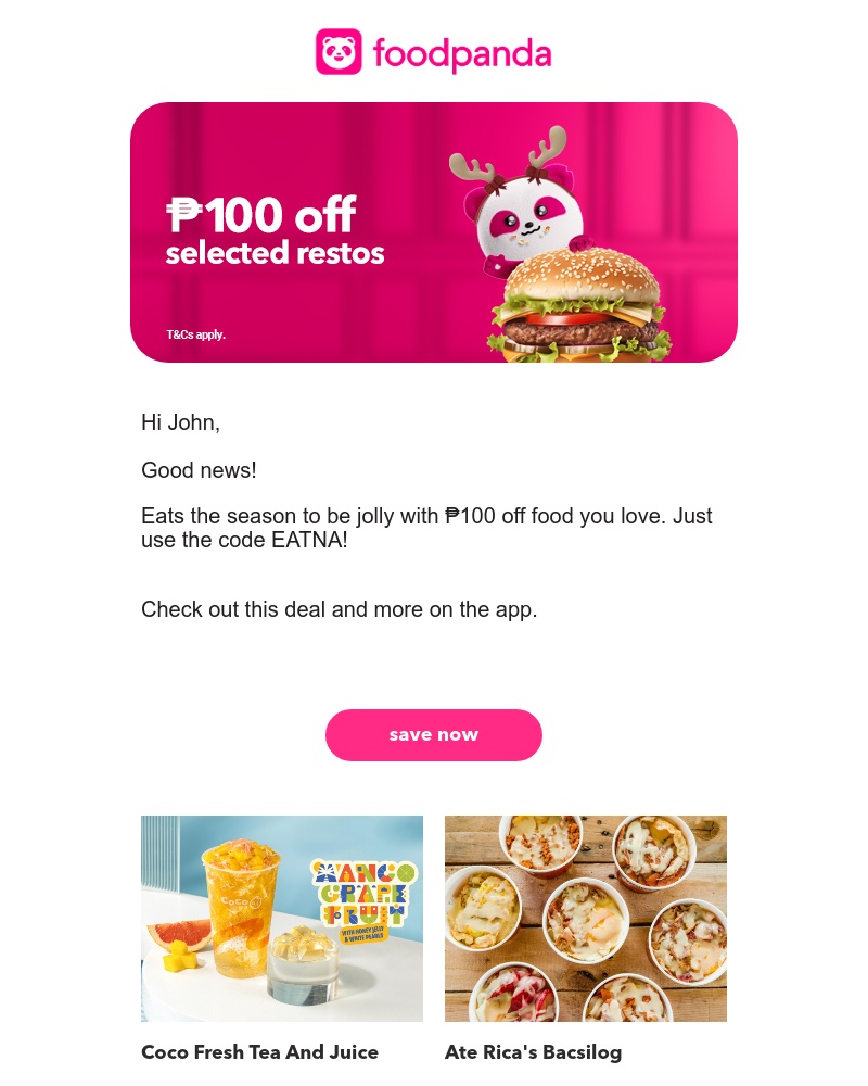  - Eat ka na, pls? 🥹 Here's ₱100 off for you.