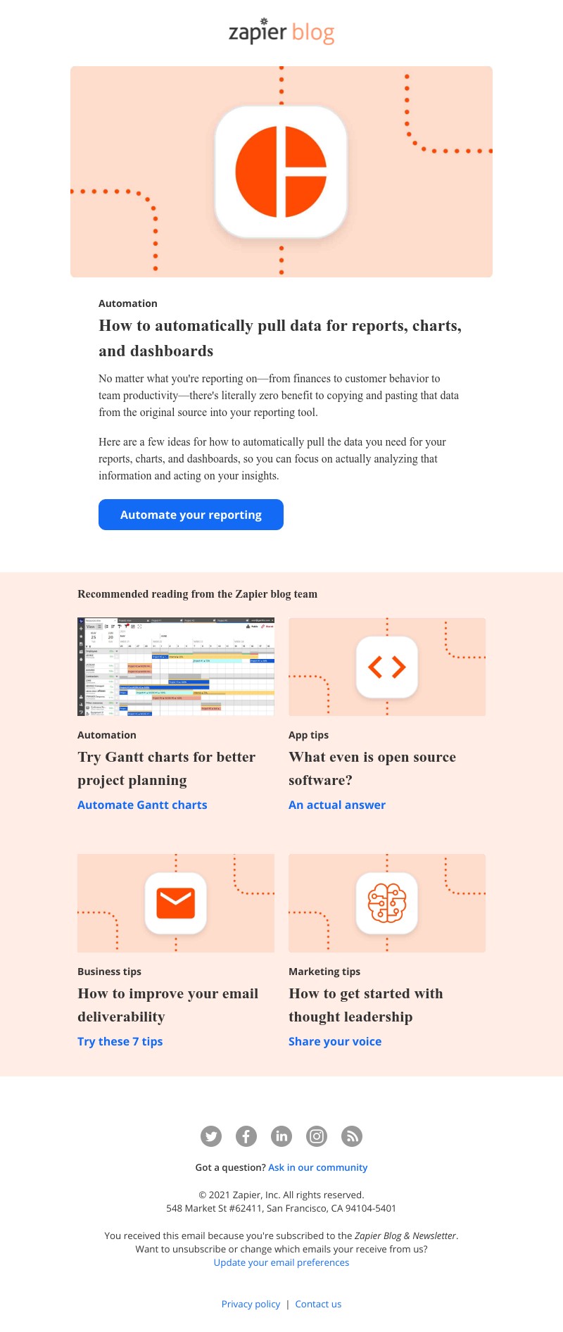 Zapier - Automatically pull data for reports, charts, and dashboards