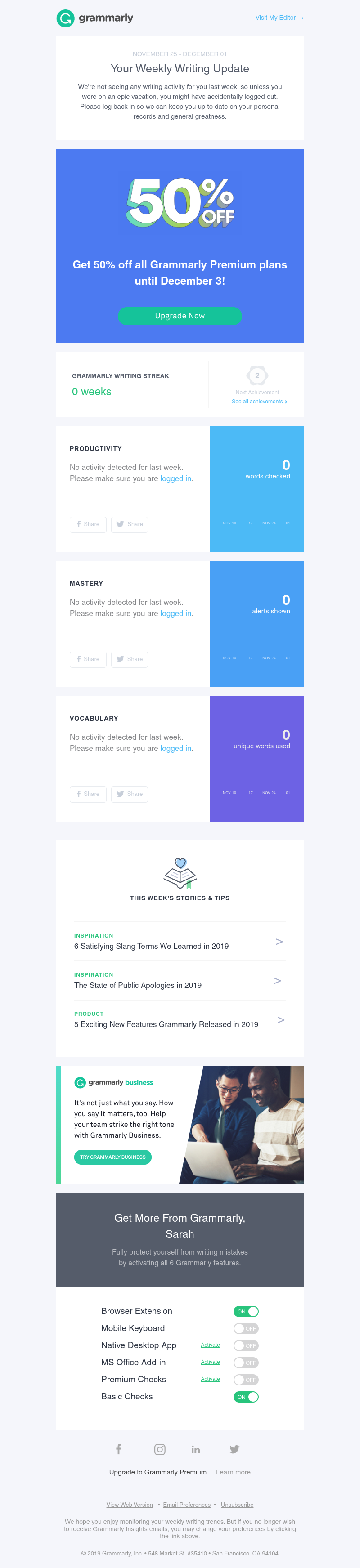 Grammarly - Your Weekly Writing Stats + a Rad 50% OFF Cyber Deal