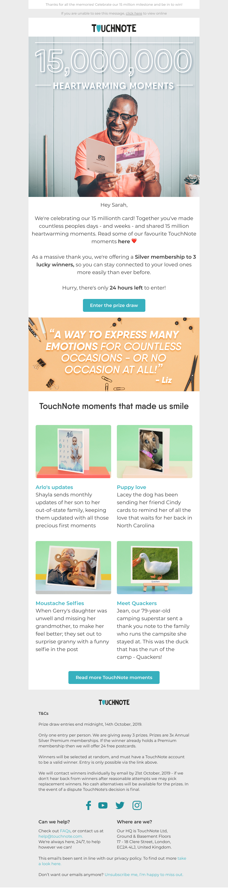 TouchNote - Only 24 hours left to enter our 15 million cards prize draw, Sarah 🙌