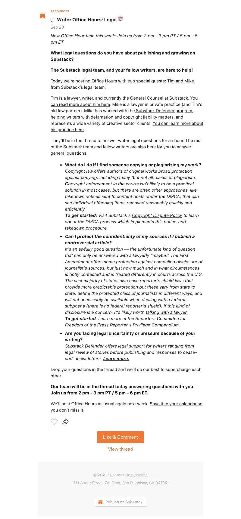 Substack - Writer Office Hours: Legal 📅