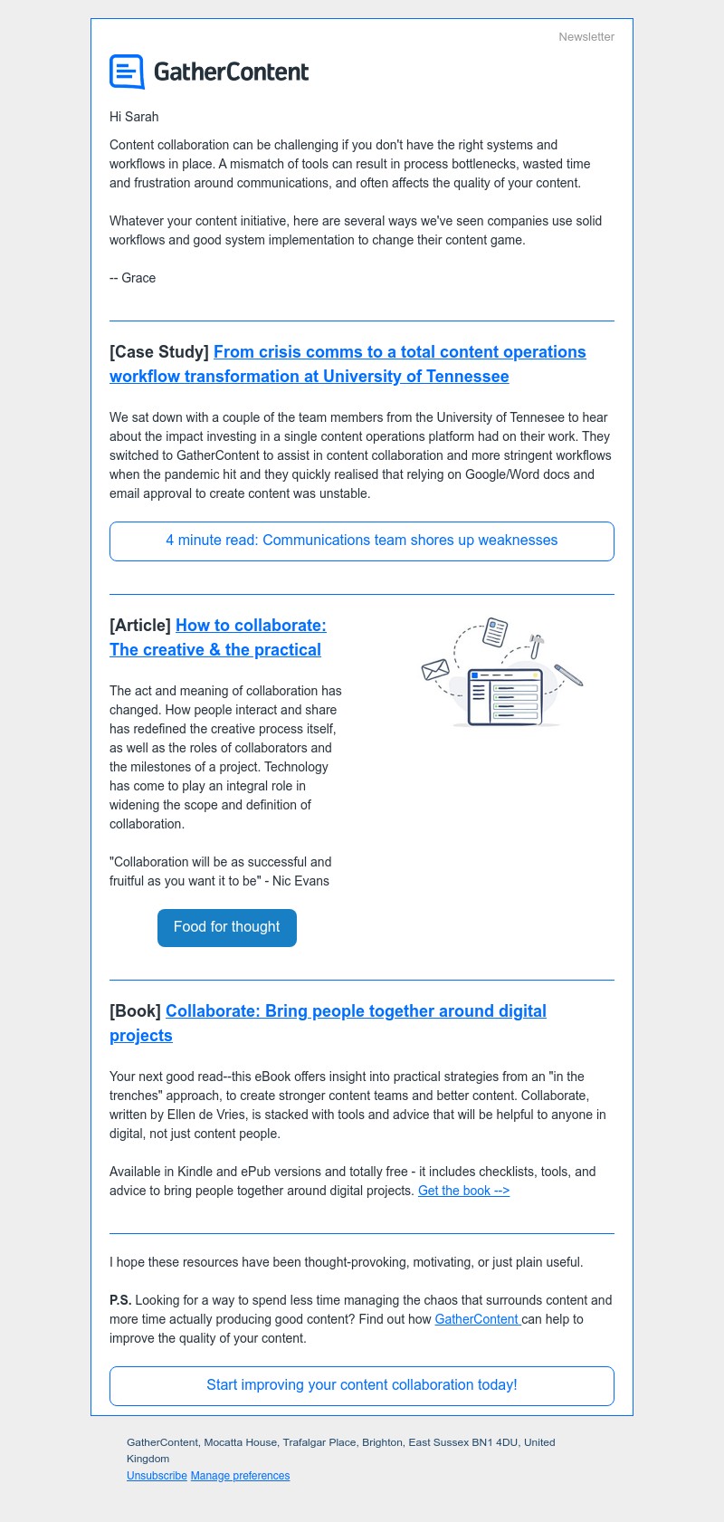 GatherContent - Collaboration 📑 Crisis comms to transformation ○ Not just a buzzword ○ eBook - bring people together