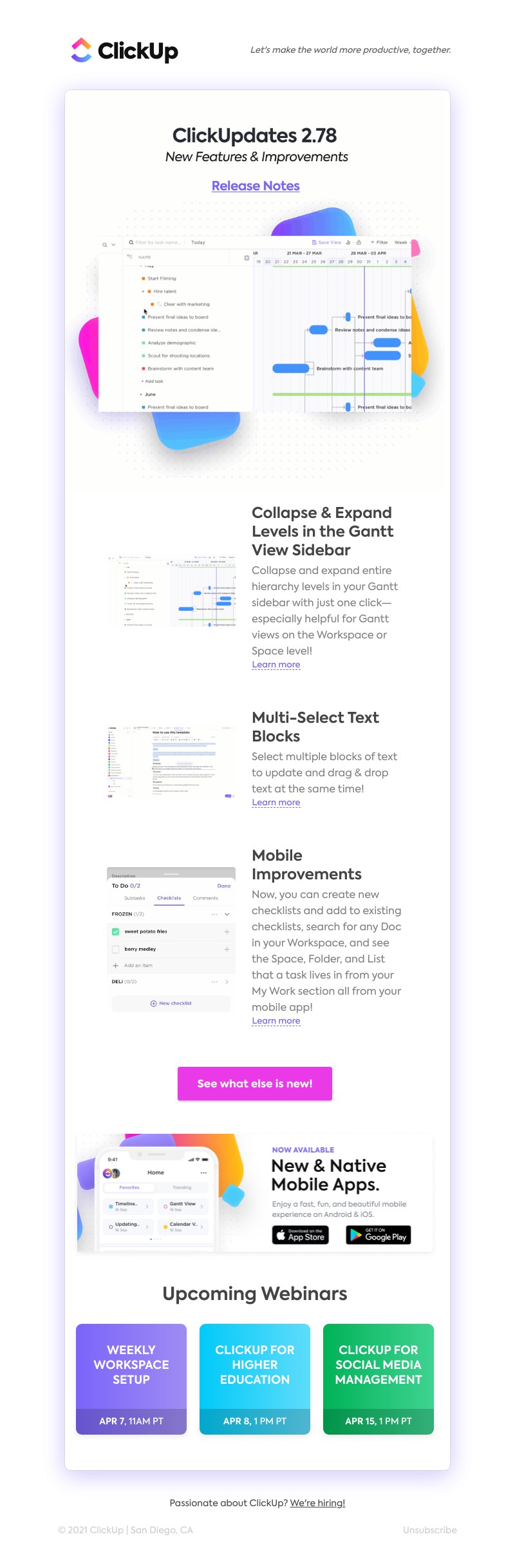 ClickUp - Collapse & Expand Levels in Gantt Sidebar, Multi-Select Text Blocks,  Mobile Improvements ➕ more!