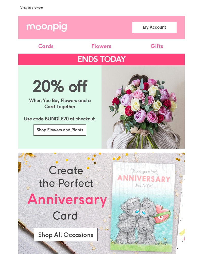 Moonpig - Ends today - 20% off when you buy flowers and a card together!