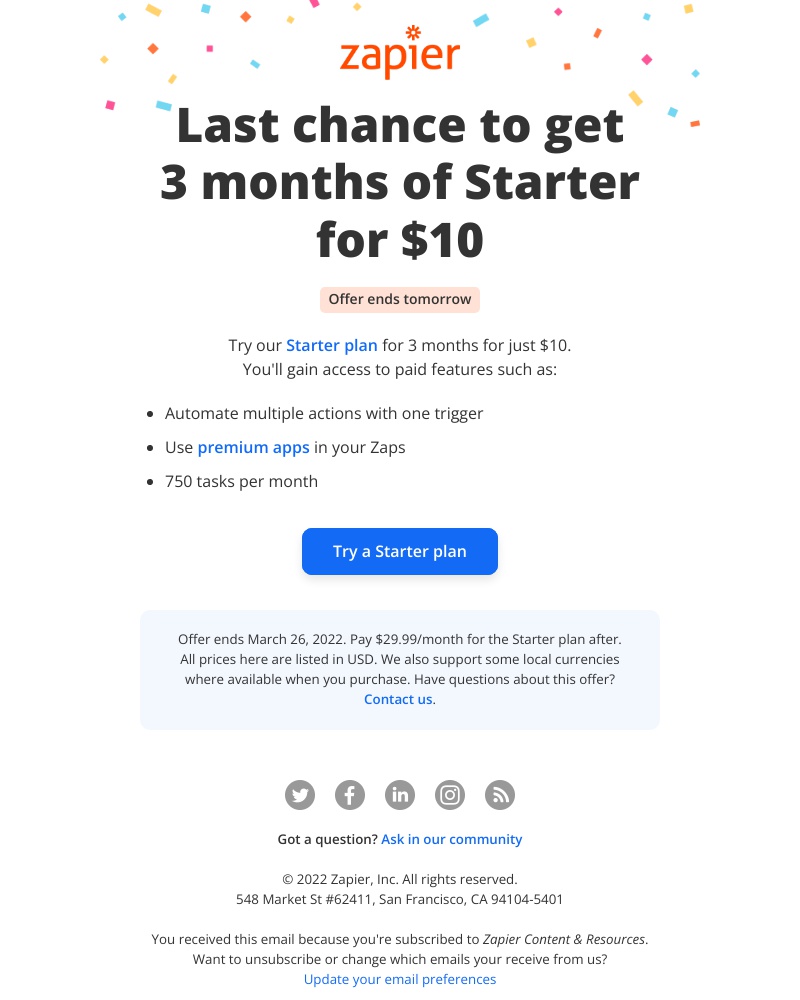 Zapier - [Ends tomorrow] 3 months of Starter for $10