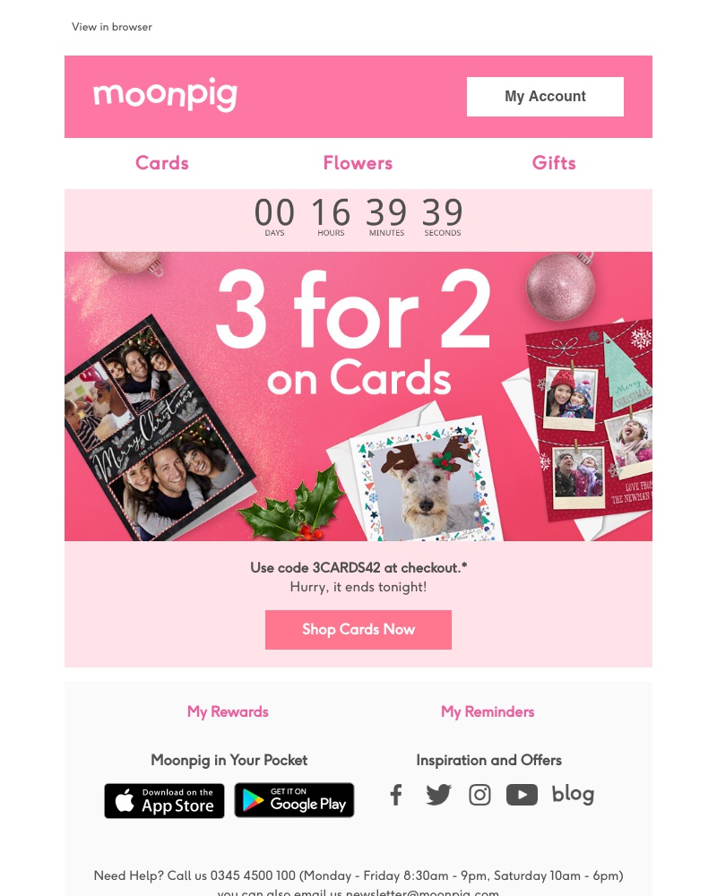Moonpig - Ends Tonight - 3 for 2 on cards! The countdown is on!