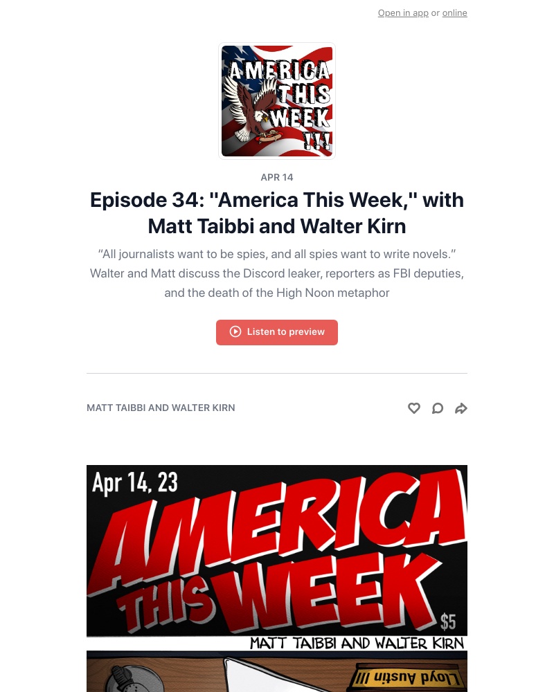 Substack - Episode 34: "America This Week," with Matt Taibbi and Walter Kirn