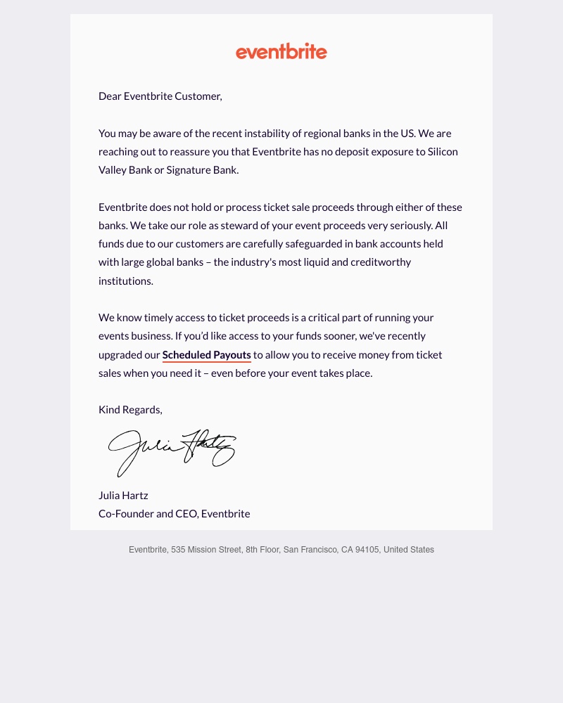 Eventbrite - Eventbrite has no deposit exposure to Silicon Valley Bank