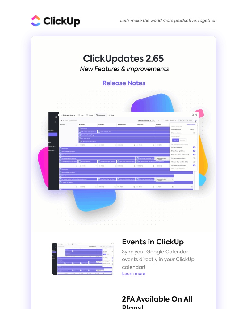 ClickUp - Events in ClickUp, 2FA On All Plans, Time in Status Widget, & more!