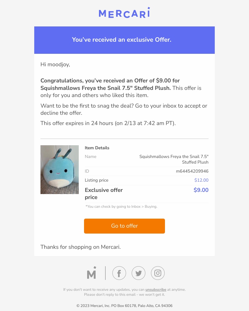 Mercari - Exclusive offer, accept Squishmallows Freya the Snail 7.5" Stuffed Plush for $9.00
