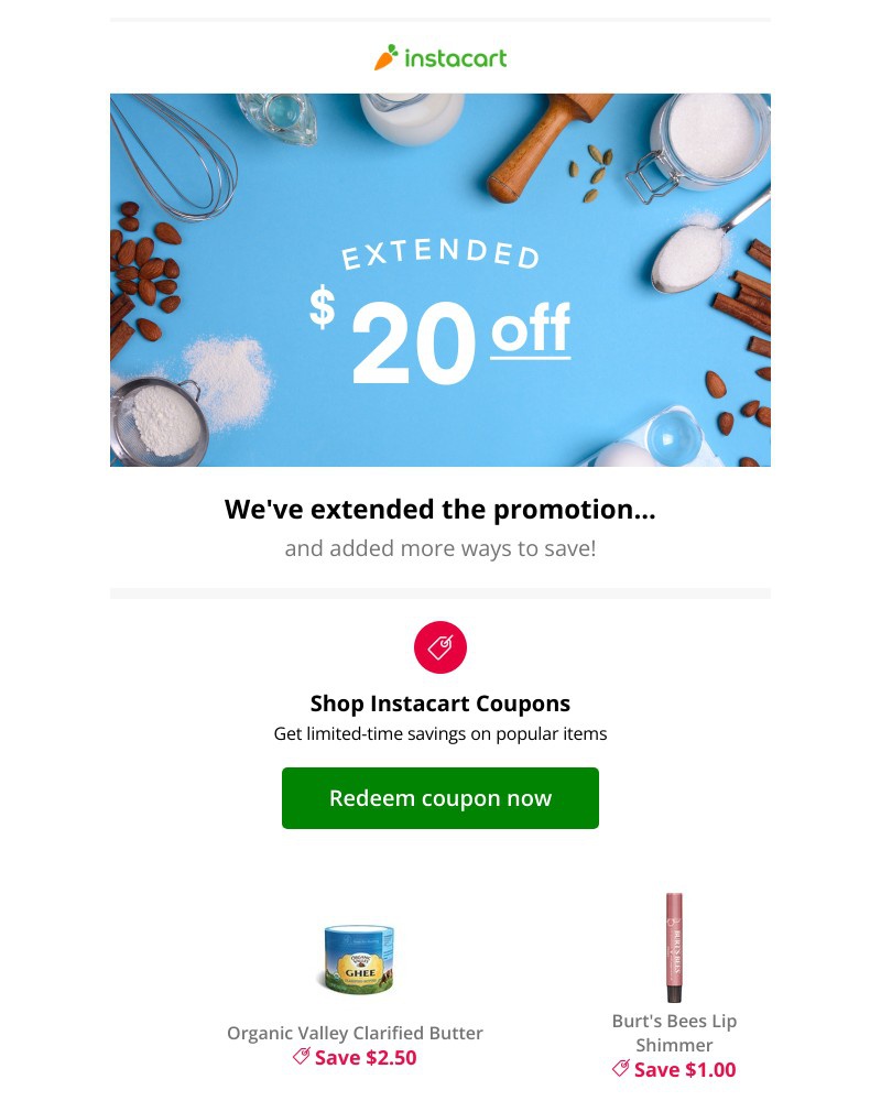 Instacart - 🎉 Extended for you: $20 off your first order