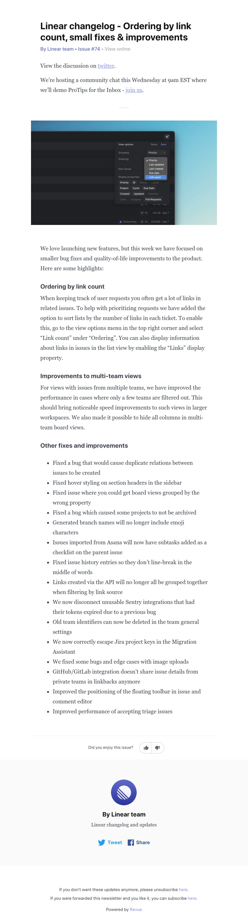Linear - Linear changelog - Ordering by link count, small fixes & improvements