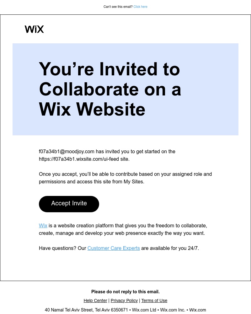 Accepting an invite on Wix video screenshot