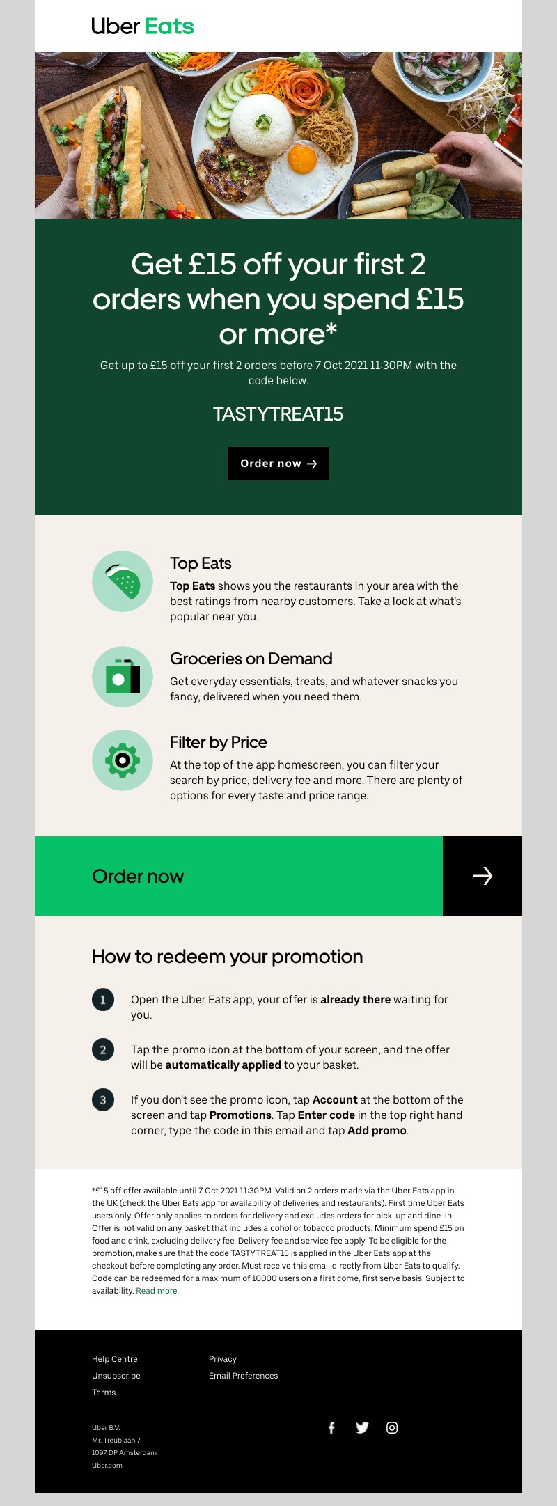Uber Eats - Get  £15 off  your first 2 orders