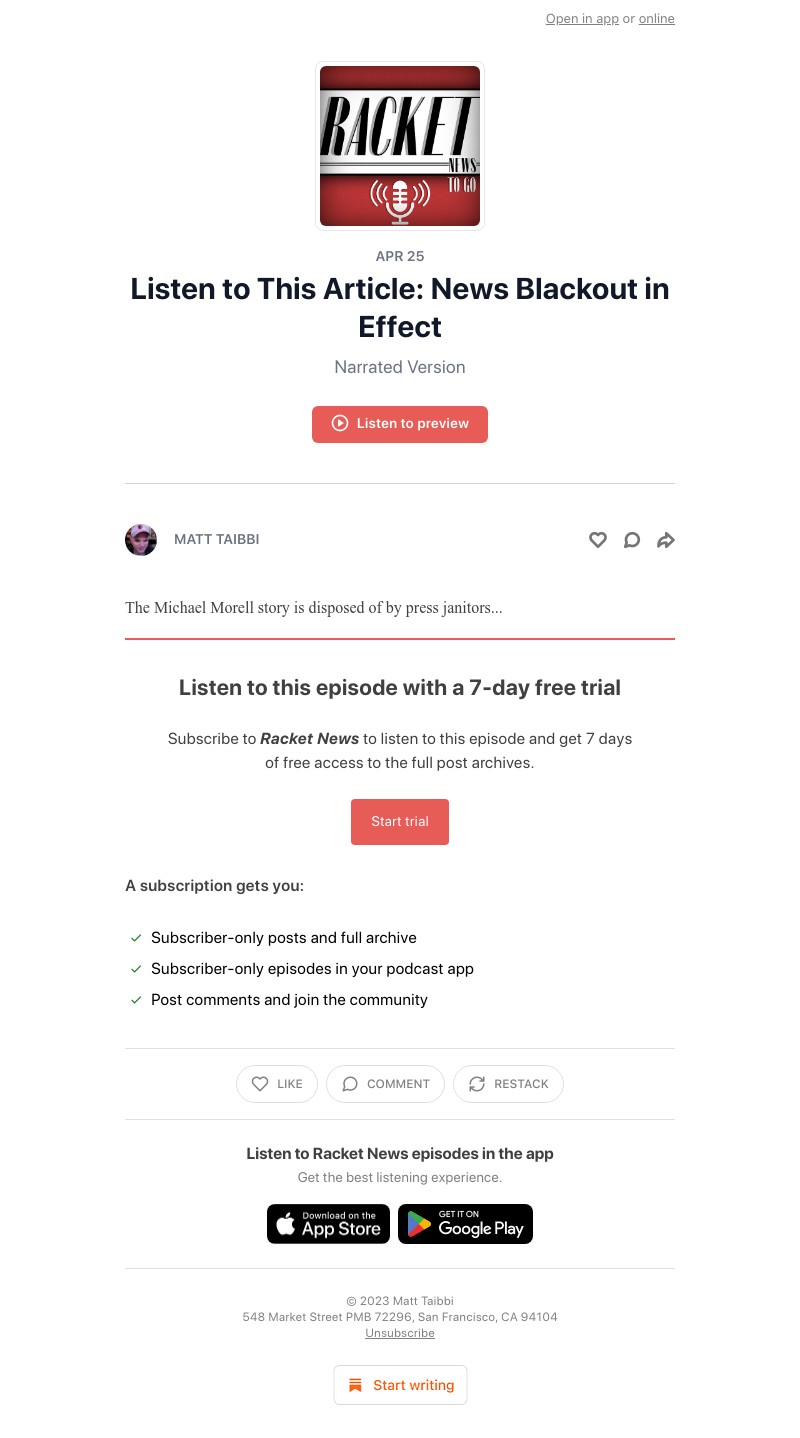 Substack - Listen to This Article: News Blackout in Effect