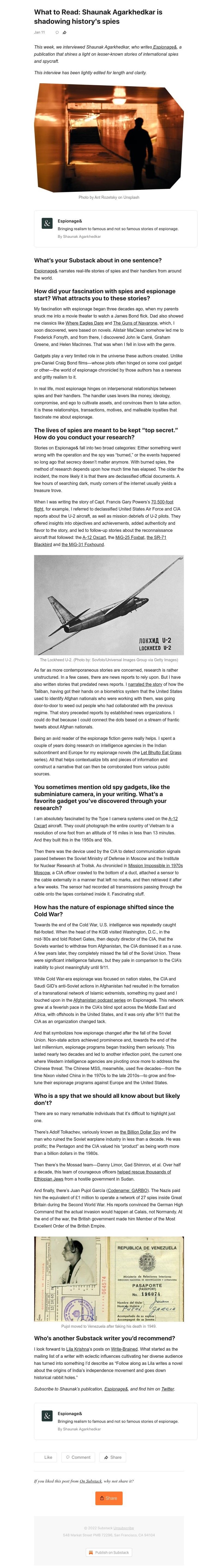 Substack - What to Read: Shaunak Agarkhedkar is shadowing history's spies