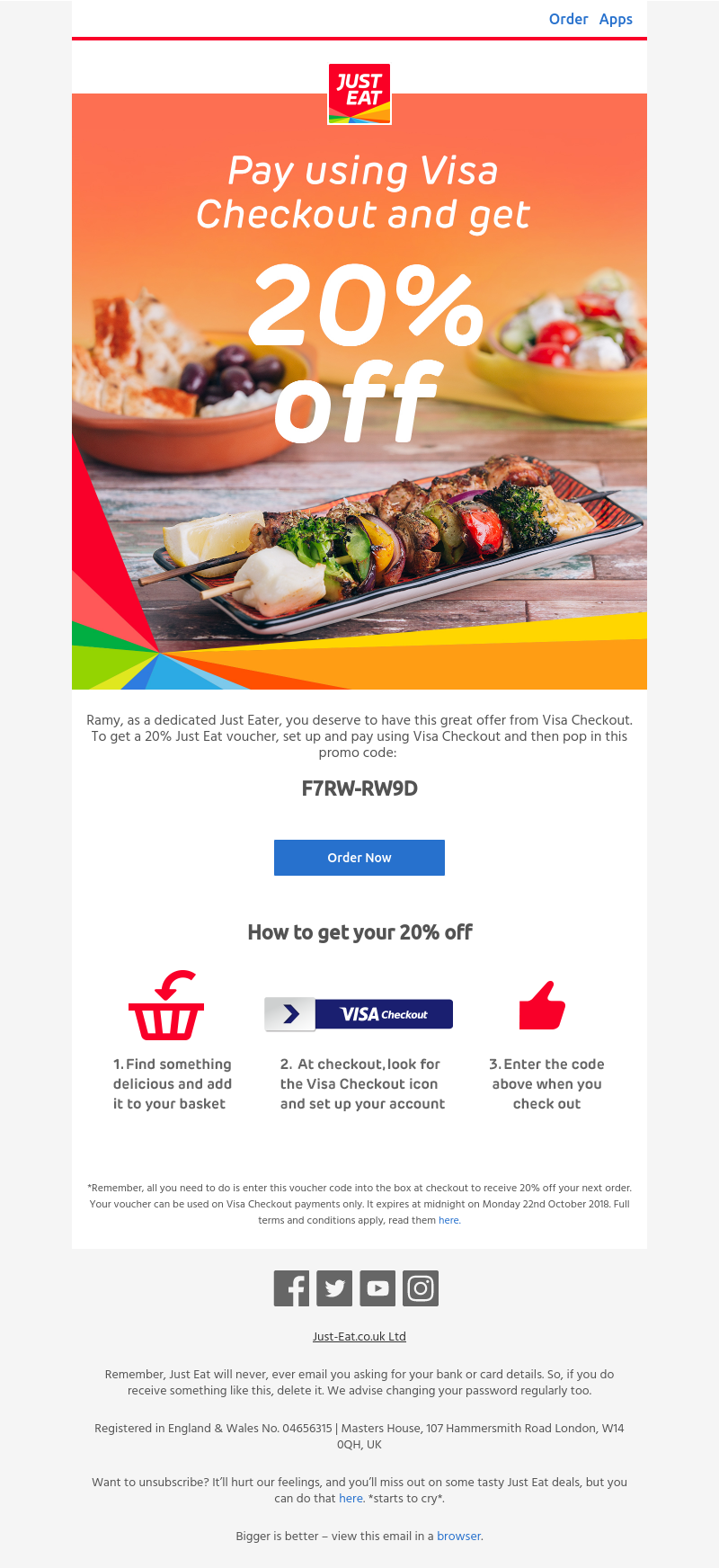 Just Eat - Ramy, Visa Checkout have a 20% voucher for you