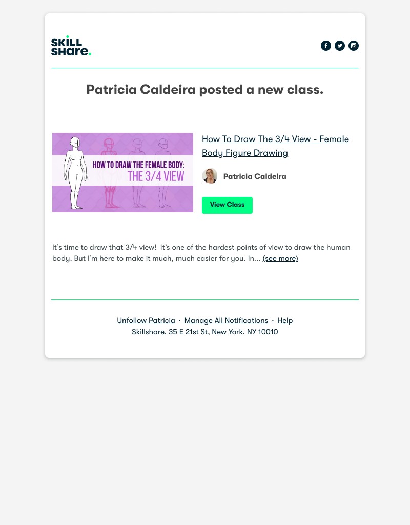 Skillshare - Patricia Caldeira posted a new class: "How To Draw The 3/4 View - Female Body Figure Drawing"