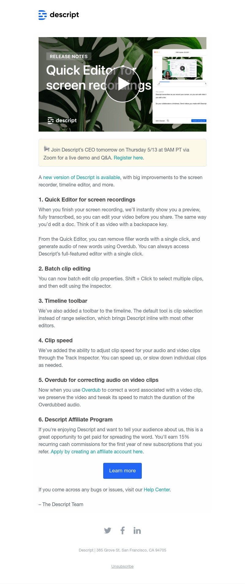 Descript - New in Descript: Quick Editor for screen recordings, batch clip editing, and more.