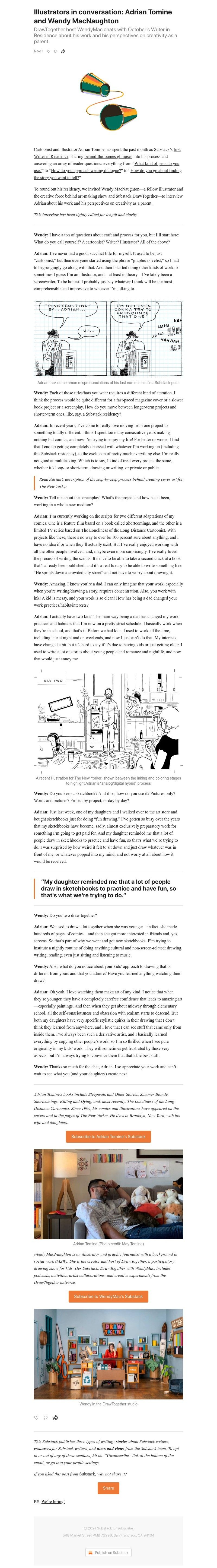 Substack - Illustrators in conversation: Adrian Tomine and Wendy MacNaughton