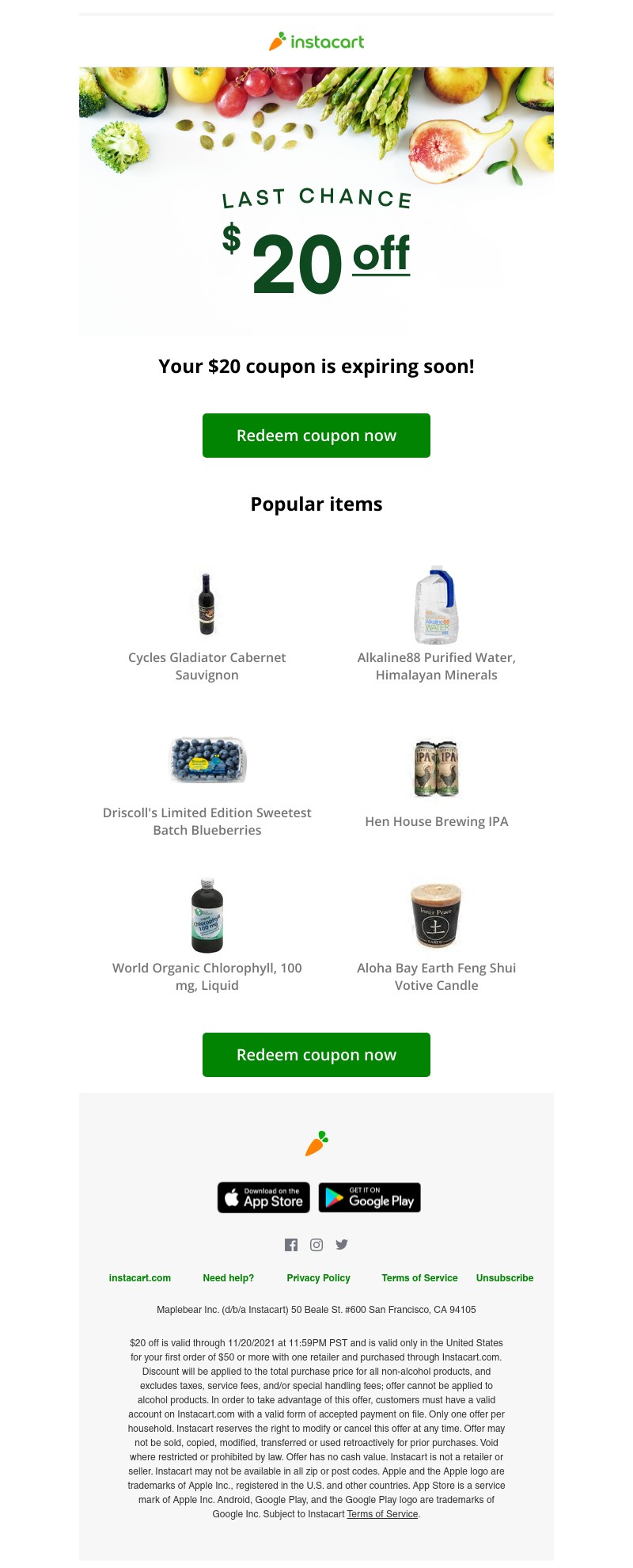 Instacart - 💵 Expiring soon! Claim your $20 coupon!